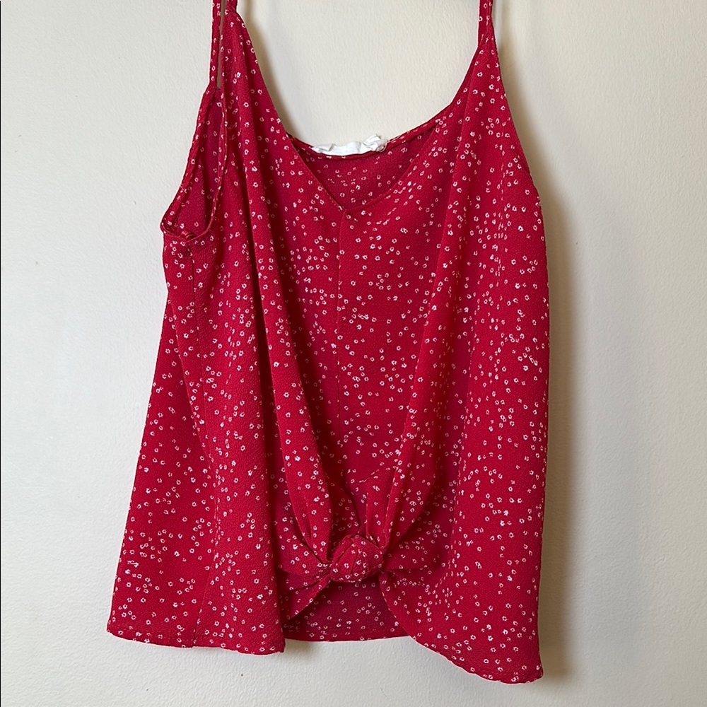 Lush Red Floral Tie Front Women's Strappy Tank Top Loose Fit Size Small